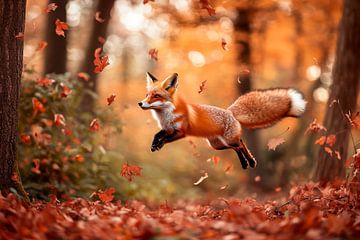 Herbstlicher Fuchs springt durch Laub von Poster Art Shop