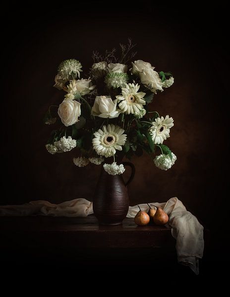 Still life of White gerberas and roses with stewing pears in brown jar | art photography Netherlands by Willie Kers