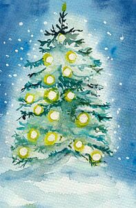 Ein leuchtender Weihnachtsbaum erhellt eine verschneite Winternacht