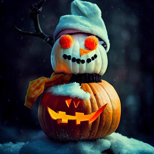 Joyeux bonhomme de neige d'Halloween avec corps de citrouille
