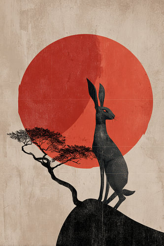 Hare against a Red Sun with a Tree in Japanese Style