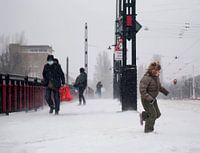 Mensen op de brug in sneeuwstorm