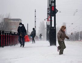 People on the bridge in snowstorm by Marcella van Tol