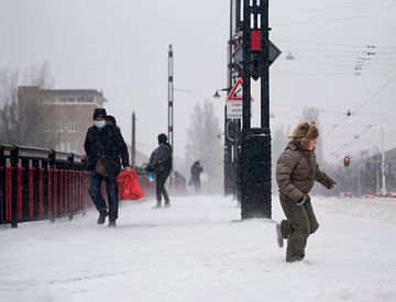 Mensen op de brug in sneeuwstorm van Marcella van Tol