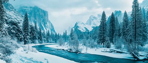 Winterlandschap met besneeuwde rivier