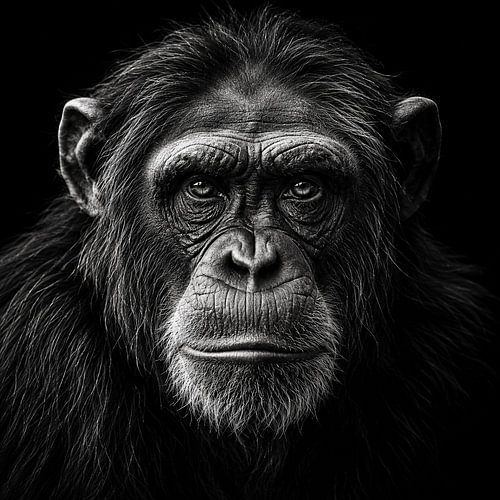 De Intelligente Blik – Chimpansee in Zwart-Wit