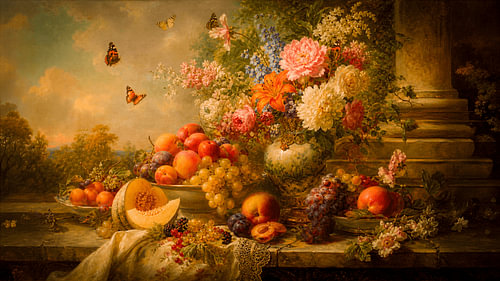 Barok Klassiek stilleven met bloemen en zomerfruit