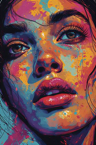 Vibrant Colorful Woman Portrait Pop Art - Abstract Paint Splatter Face Illustration