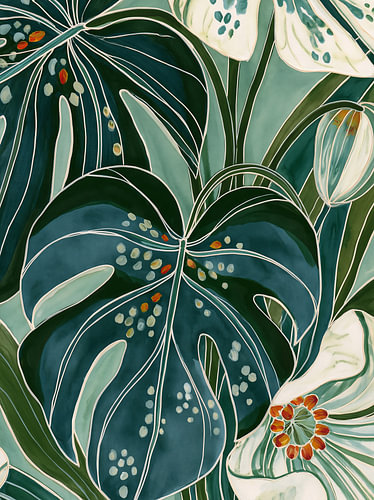 Grandes feuilles et fleurs de monstera