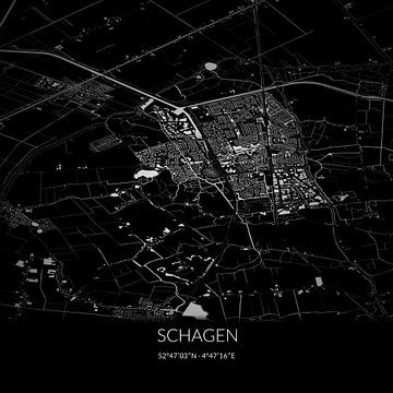 Carte en noir et blanc de Schagen, en Hollande du Nord. sur Rezona