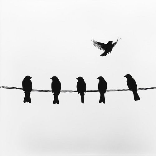 Vogels in de vlucht en op de draad