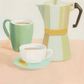 Nature morte avec tasse à café et cafetière moka au pastel sur But First Framing