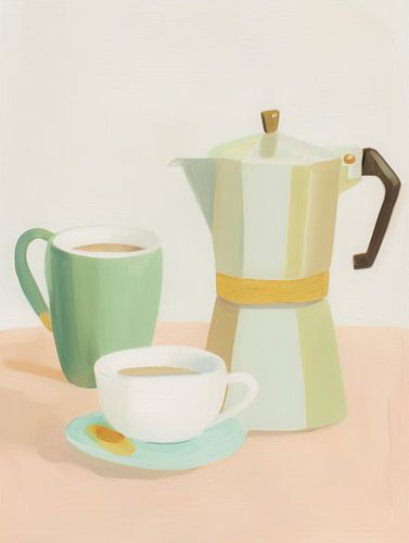 Stillleben mit Kaffeetasse und Mokkakanne in Pastell von But First Framing