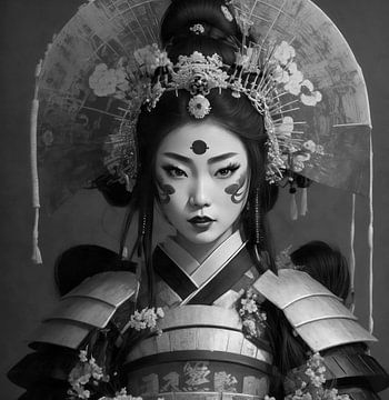 Geisha in Zwart Wit in traditionele kleding.