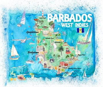 Barbados Antillen geïllustreerde Caribische reiskaart met hoogtepunten van de West-Indië droom van Markus Bleichner