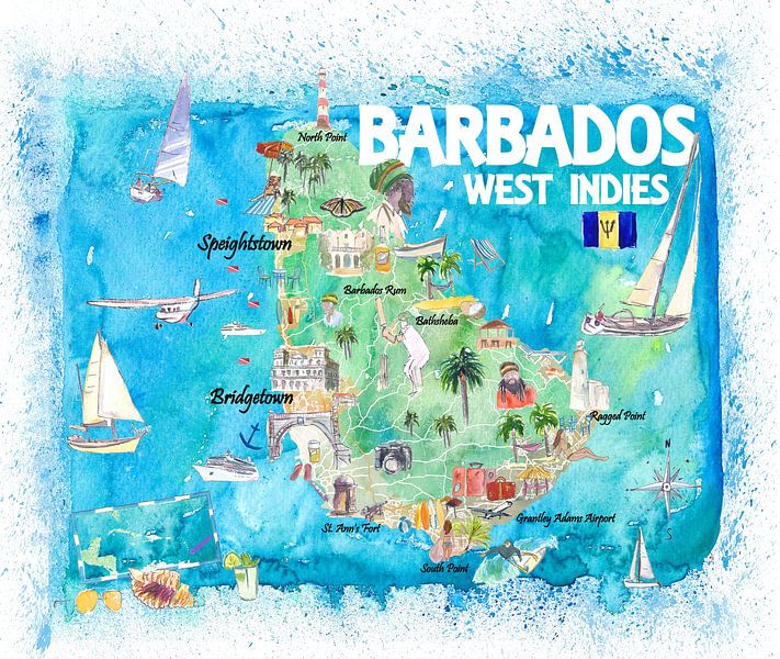 Barbados Antilles Illustrated Caribbean Travel Map with Highlights of the West Indies Dream by Markus Bleichner