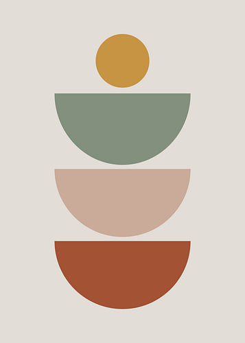 Four stacked semicircles balancing in earthy warm color tones