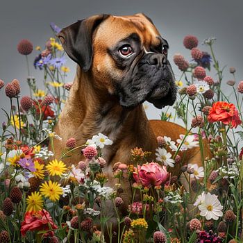 Deutscher Boxer auf einer Blumenwiese