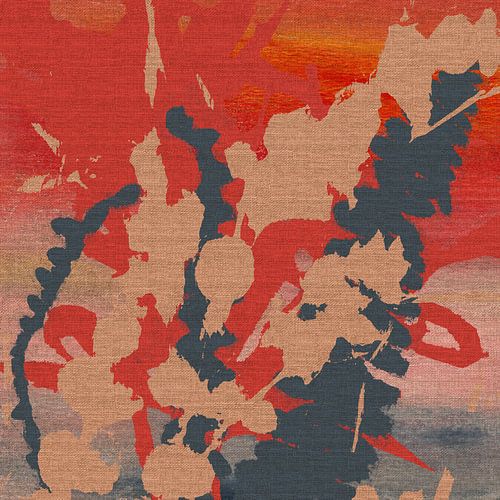 Kleurrijk wandkleed. Blauwe varens op rood.