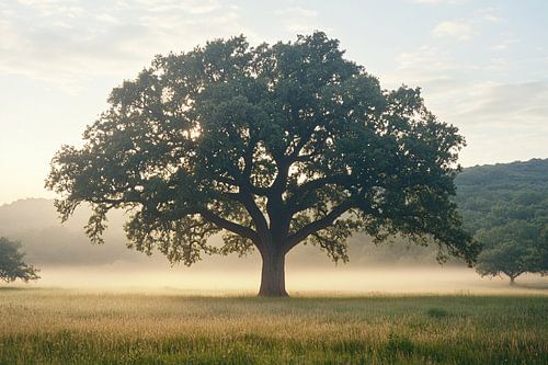 Eenzame boom in mistige natuur