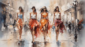 Abstraktes Bild von vier Frauen beim Einkaufen in der Stadt, Aquarell-Acryl-Kunstdesign