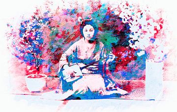 Geisha Spirit en rouge et cyan style rétro japandi sur Mad Dog Art