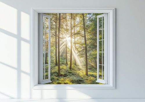 uitzicht vanuit de woonkamer op het boslandschap