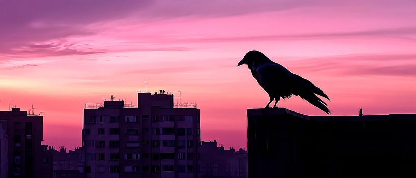 Krähe im Silhouettenblick – Dämmerungstadt von Poster Art Shop