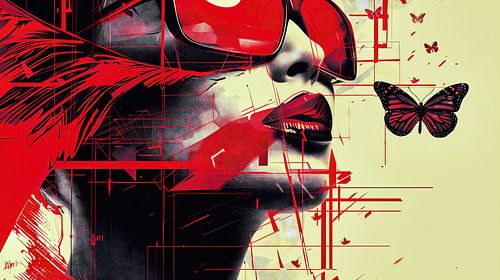 Femme stylée avec rouge à lèvres rouge et papillon