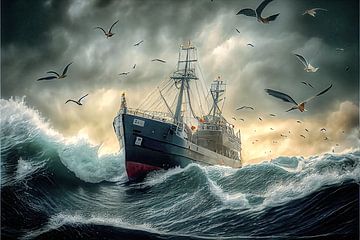 Schip op stormige zee met zee meeuwen omringt.