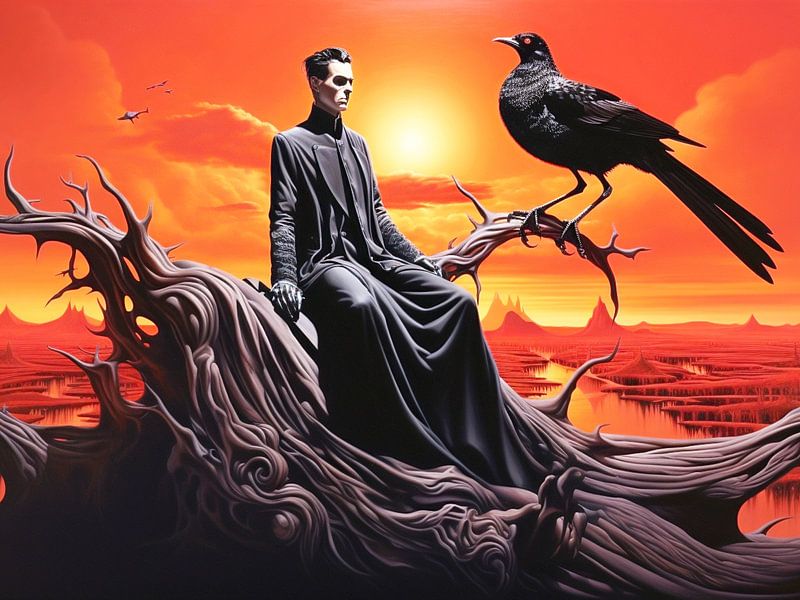 Surreal mens zwart gewaad zittend landschap zwarte vogel mysterie van gm_designs