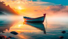 Boot op het meer met mist