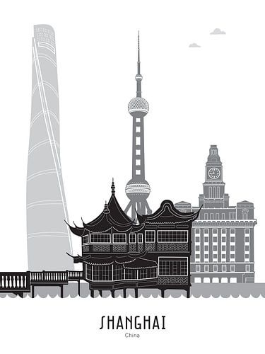 Skyline illustration city of Shanghai, China in black-and-white-grey