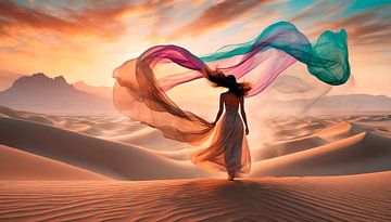 Vrouw met gekleurde zijde in de woestijn van Mustafa Kurnaz