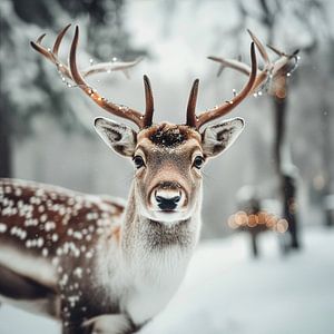 Cerf d'hiver avec lumières dans une forêt enneigée