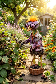 Vogelpuppe pflückt Brombeeren im Garten