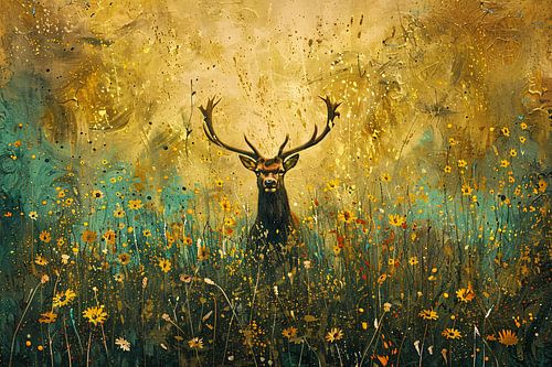Majestueus hert in kleurrijk bloemenveld schilderij