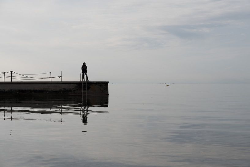 Teenage girl checking her smartphone while standing on a pier in by Werner Lerooy