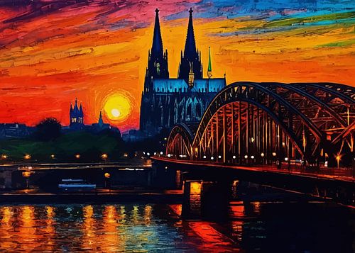 De Dom van Keulen en de Hohenzollernbrug bij zonsondergang