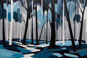 Forêt abstraite avec du bleu et du noir sur De Muurdecoratie