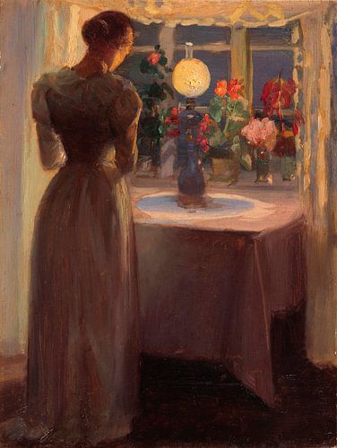Jong meisje voor een verlichte lamp, Anna Ancher