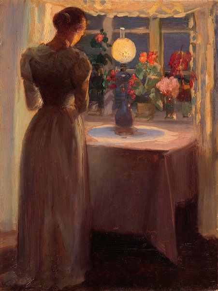 Junges Mädchen vor einer brennenden Lampe, Anna Ancher von Meisterhafte Meister