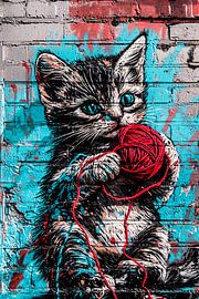 Verspielte Katze mit rotem Garn von Art & Soul Creations