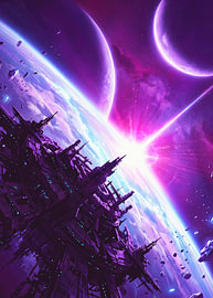 Station spatiale futuriste en orbite autour d'une planète lumineuse, de deux lunes jumelles et d'une nébuleuse violette sur Adam Khabibi