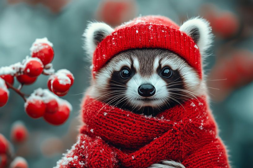 Winter Friend - Niedlicher Waschbär in roter Winterkleidung von Eva Lee