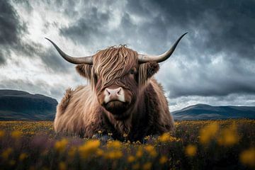 Schotse Hooglander licht in een mooi landschap van Digitale Schilderijen