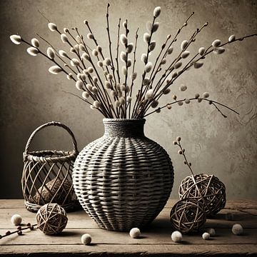 Soft Structures - peinture avec décoration naturelle et vase sur Kleurenrijk