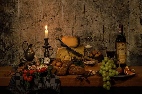 Cheeses, nuts and fruit still life
