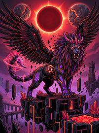 Grafische Illustration: Manticore mit Obsidianflügeln in einer Sonnenfinsternis im Dark-Fantasy-Stil von The Deeper Way