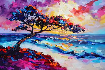 Kleurrijk abstract schilderij van boom en zee van De Muurdecoratie